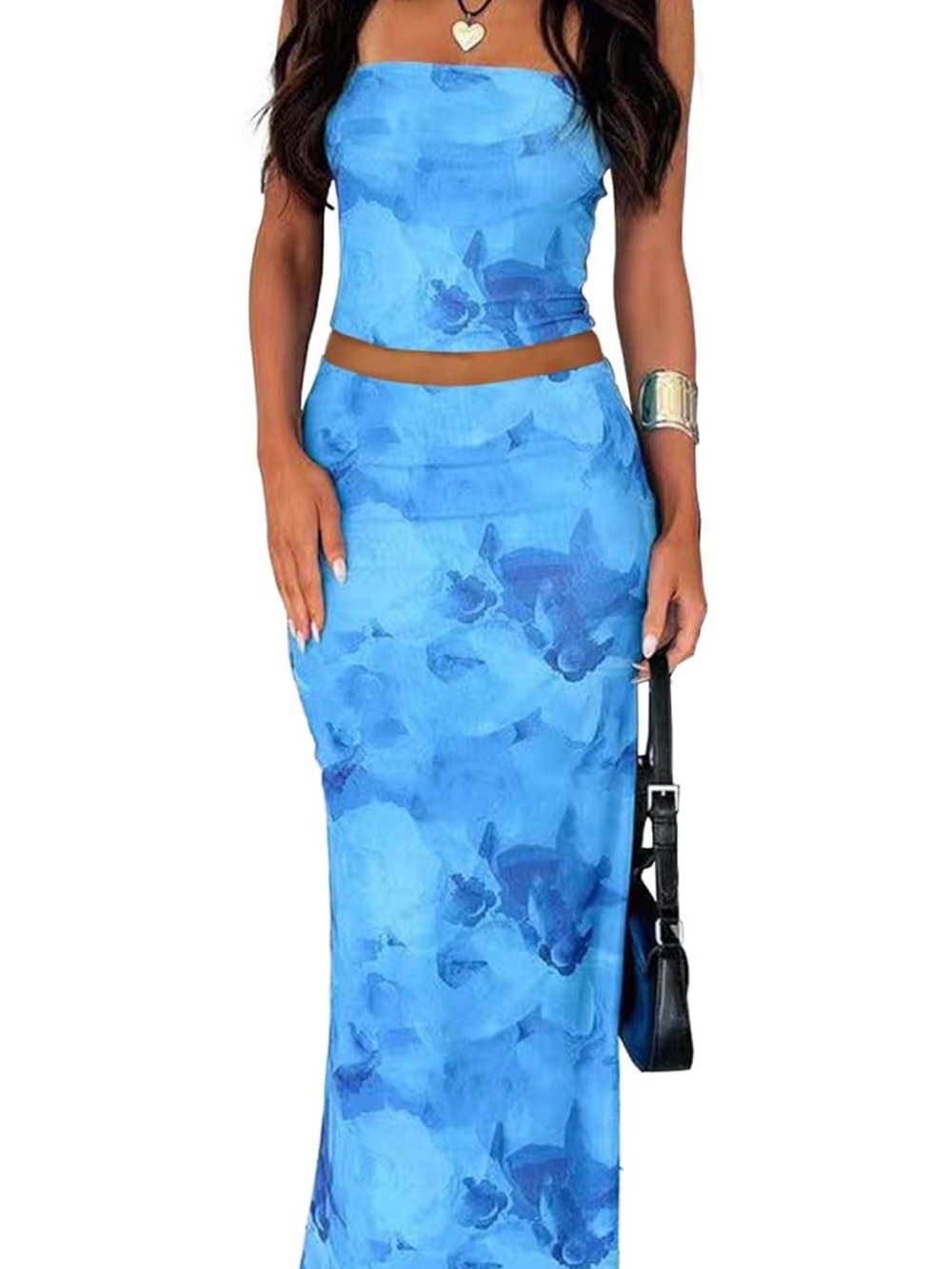 Ocean Blue Floral Two-Piece Maxi Skirt Set